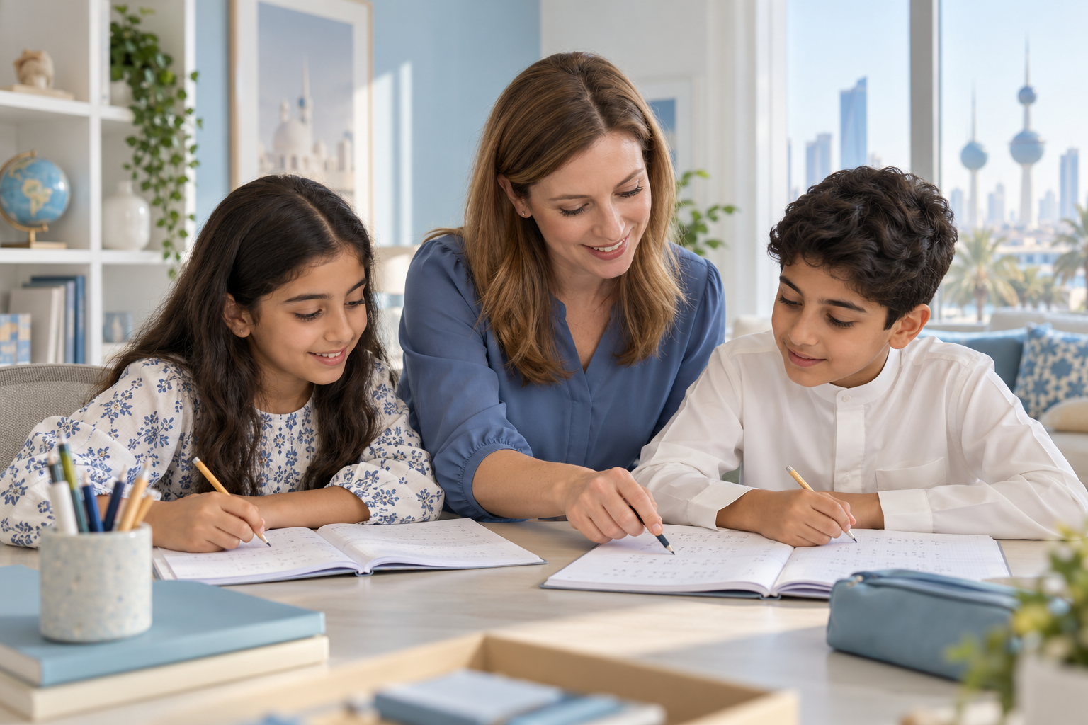 Illustrative image of a white teacher tutoring two Arab children